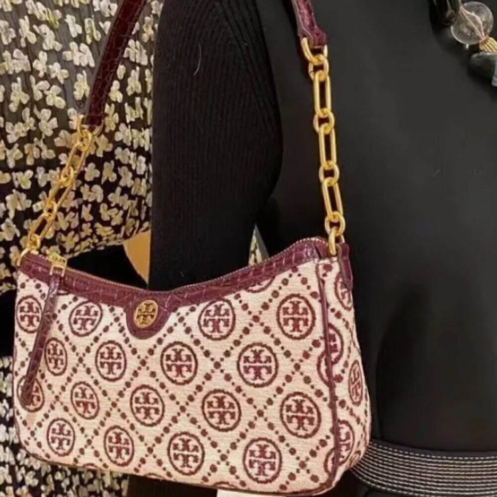 NWT! NEW! Tory Burch T MONOGRAM CHENILLE STUDIO BAG -Claret - Picture 4 of 13